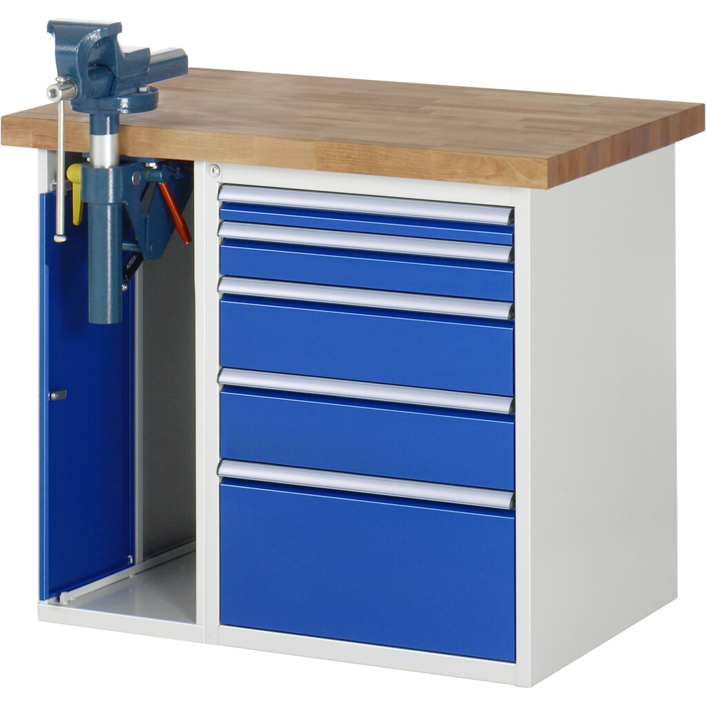 RAU werkbank serie 7000, h x b x d 890 x 1.000 x 700 mm, 1 onderbouwkast, met 5 lades en inklapbare bankschroef Product afbeelding: RAU werkbank serie 7000, h x b x d 890 x 1.000 x 700 mm, 1 onderbouwkast, met 5 lades en inklapbare bankschroef