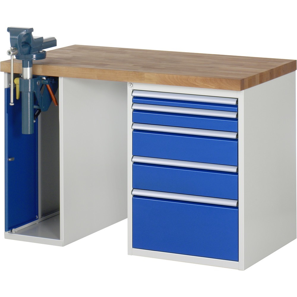Product afbeelding: RAU werkbank serie 7000, h x b x d 890 x 1.250 x 700 mm, 1 onderbouwkast, met 5 lades en inklapbare bankschroef