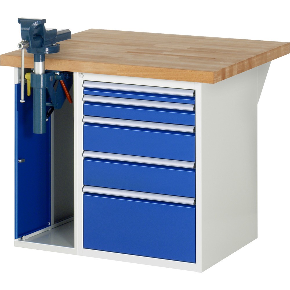 Product afbeelding: RAU werkbank serie 7000, h x b x d 890 x 1.000 x 900 mm, 1 onderbouwkast, met 5 lades en inklapbare bankschroef