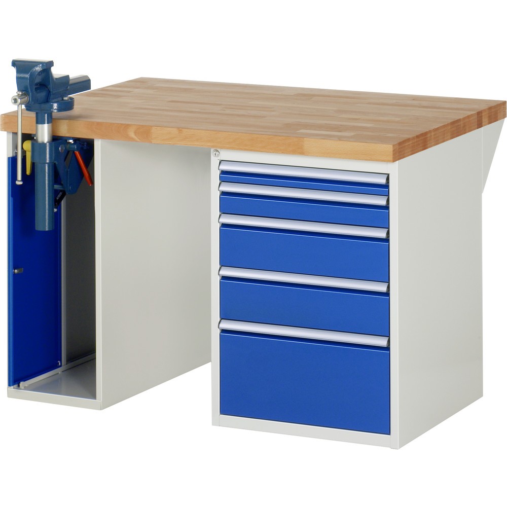 Product afbeelding: RAU werkbank serie 7000, h x b x d 890 x 1.250 x 900 mm, 1 onderbouwkast, met 5 lades en inklapbare bankschroef