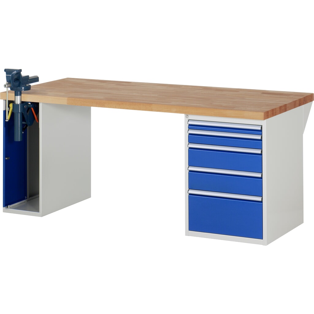 Product afbeelding: RAU werkbank serie 7000, h x b x d 890 x 2.000 x 900 mm, 1 onderbouwkast, met 5 lades en inklapbare bankschroef