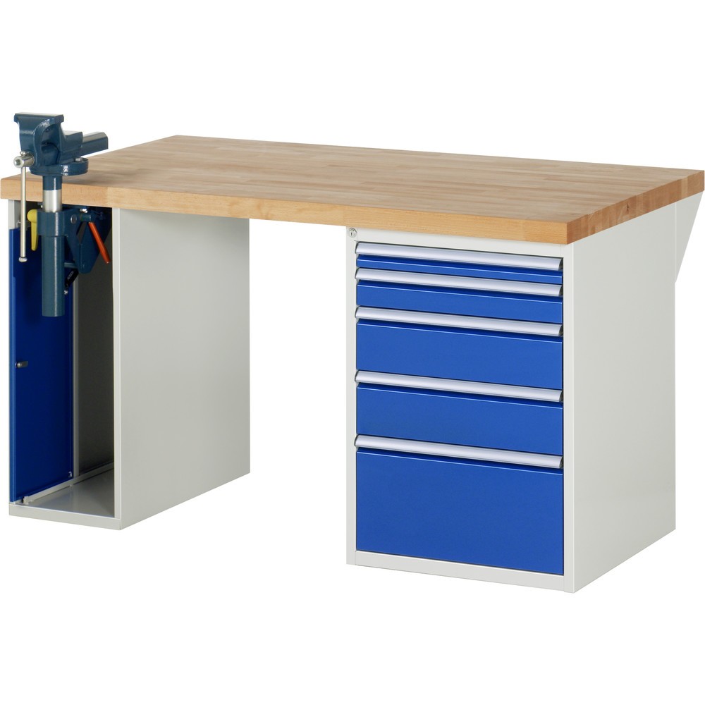 Product afbeelding: RAU werkbank serie 7000, h x b x d 890 x 1.500 x 900 mm, 1 onderbouwkast, met 5 lades en inklapbare bankschroef