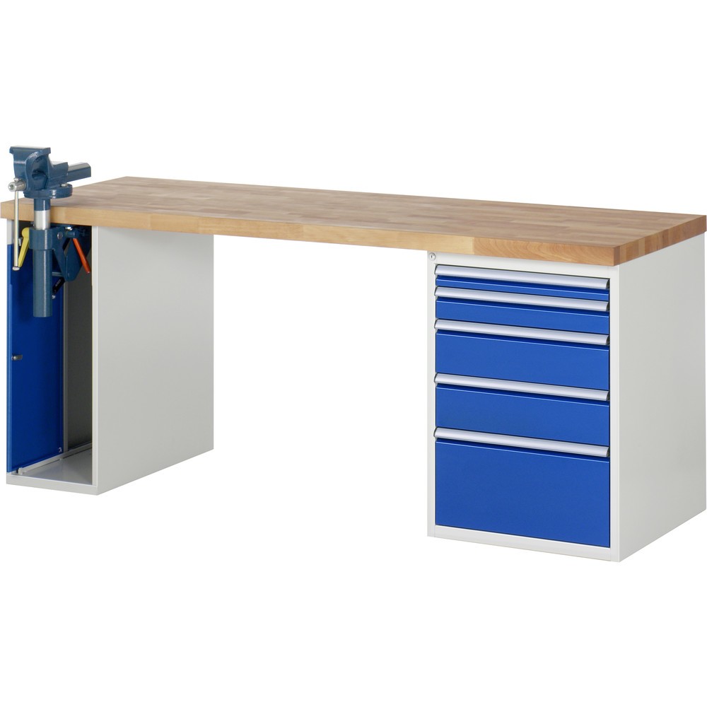 Product afbeelding: RAU werkbank serie 7000, h x b x d 890 x 2.000 x 700 mm, 1 onderbouwkast, met 5 lades en inklapbare bankschroef