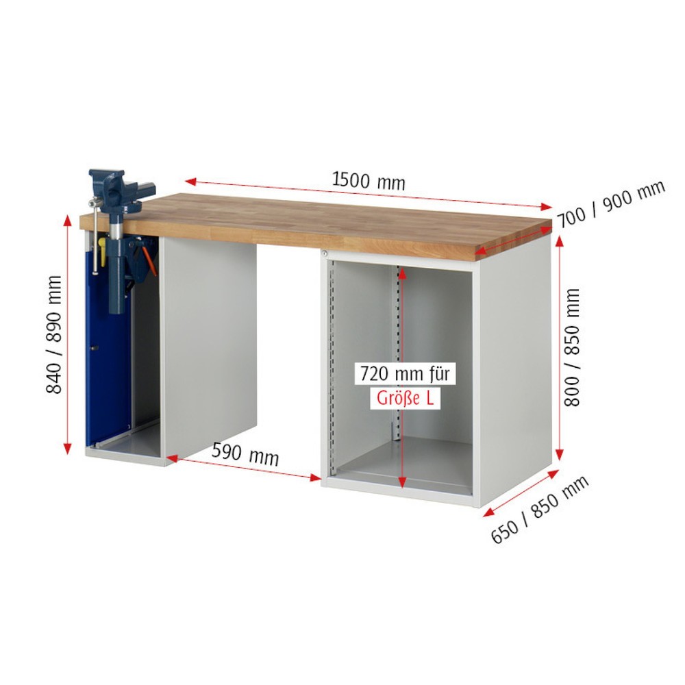 Productafbeelding nr. 6: Werkbank RAU serie 7000, 2 kasten, hxbxd 890 x 1.500 x 700 mm, 5 lades, bankschroef