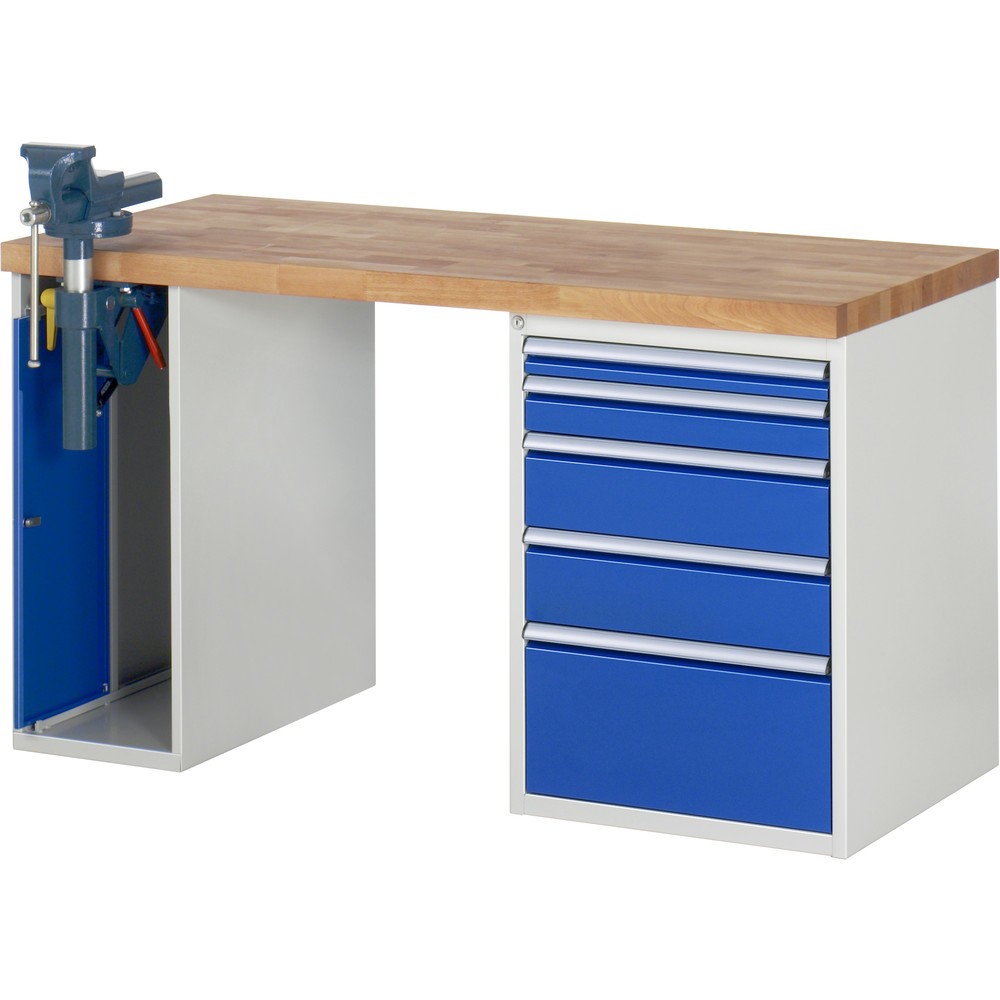 Product afbeelding: RAU werkbank serie 7000, h x b x d 890 x 1.500 x 700 mm, 1 onderbouwkast, met 5 lades en inklapbare bankschroef