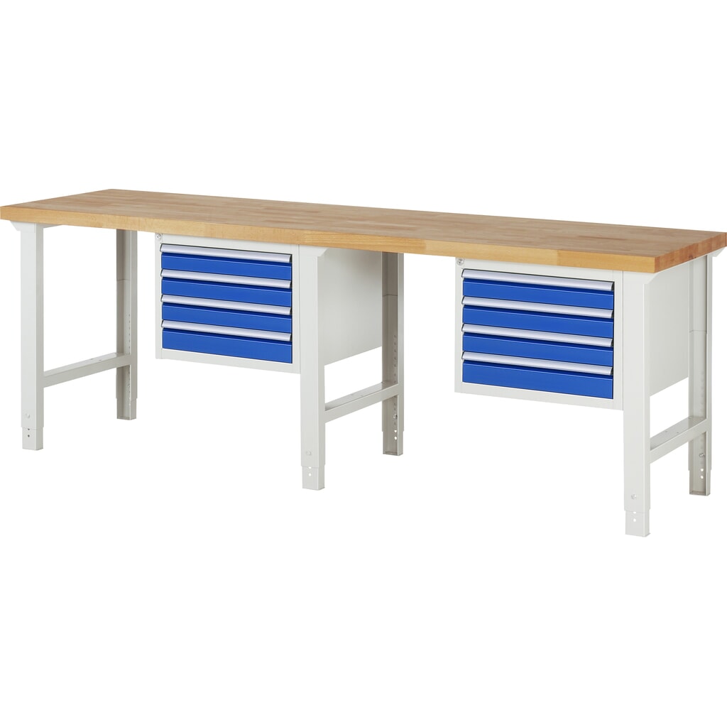 RAU werkbank serie 7000, h x b x d 790-1.140 x 2.500 x 700 mm, 2 onderbouwkasten, met telkens 4 lades Product afbeelding: RAU werkbank serie 7000, h x b x d 790-1.140 x 2.500 x 700 mm, 2 onderbouwkasten, met telkens 4 lades