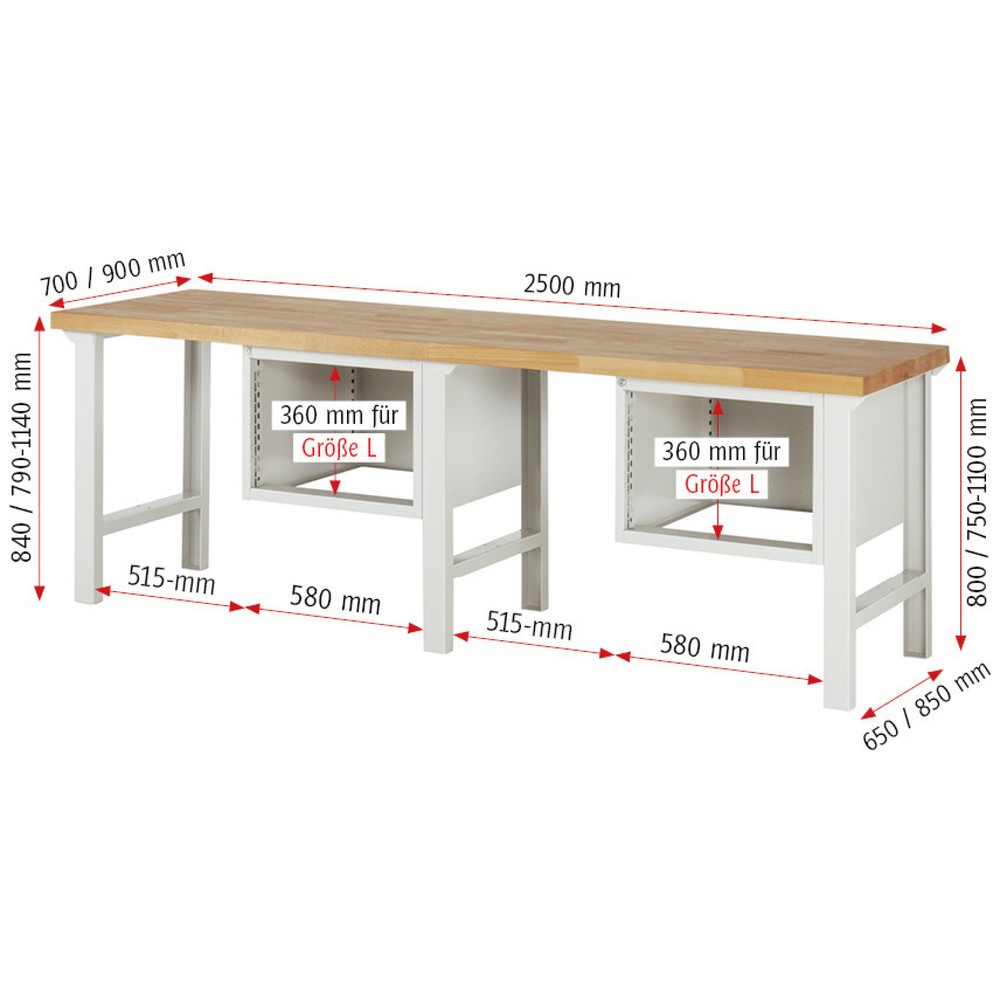 Productafbeelding nr. 5: Werkbank RAU serie 7000, 2 kasten, hxbxd 790-1.140 x 2.500 x 700 mm, 4 x voor 90% uittrekbare lades 4 x 180 mm