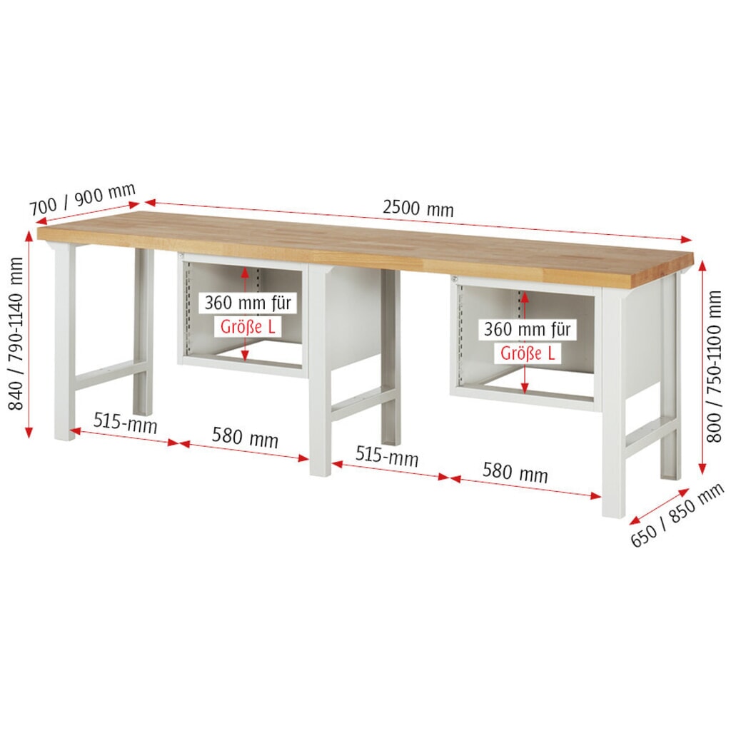 Productafbeelding nr. 6: Werkbank RAU serie 7000, 2 kasten, hxbxd 790-1.140 x 2.500 x 700 mm, 4 x voor 90% uittrekbare lades 2 x 150 mm, 2 x 210 mm