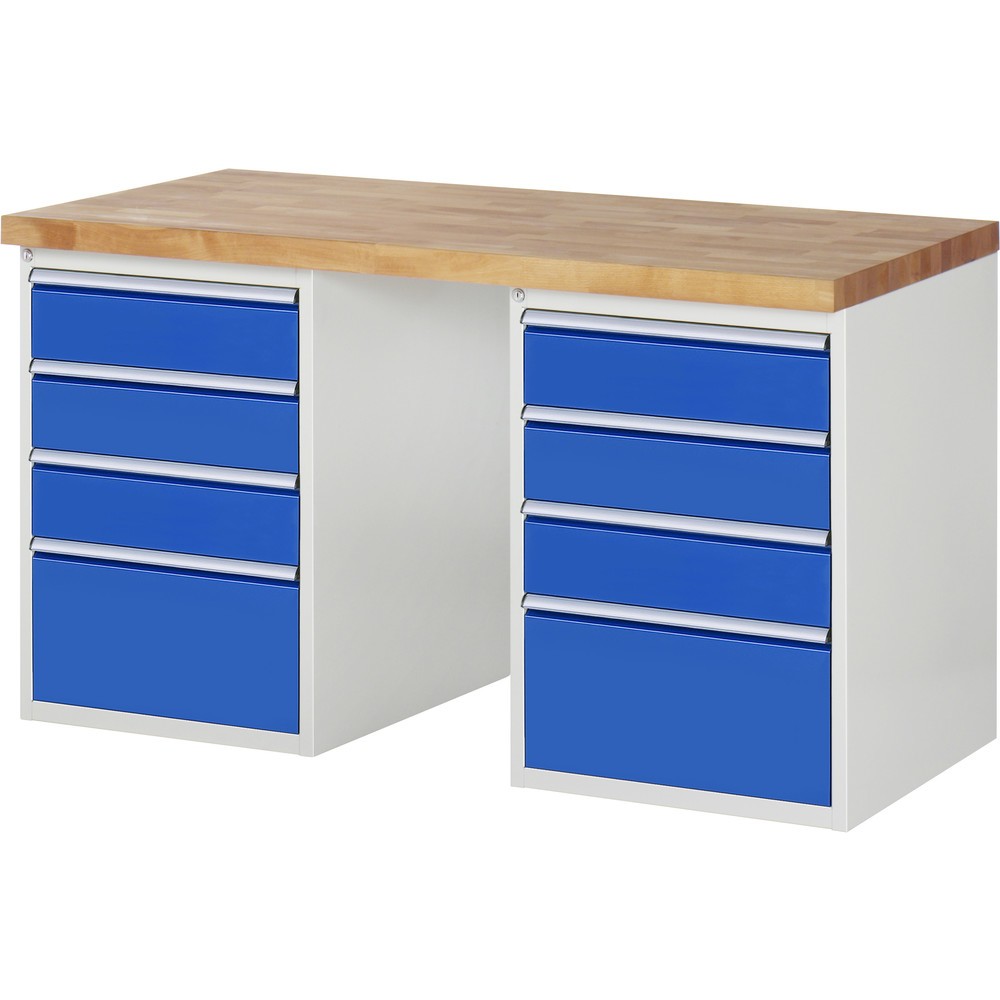 Productafbeelding nr. 1: RAU werkbank serie 7000, h x b x d 890 x 1.500 x 700 mm, 2 onderbouwkasten, met telkens 4 lades