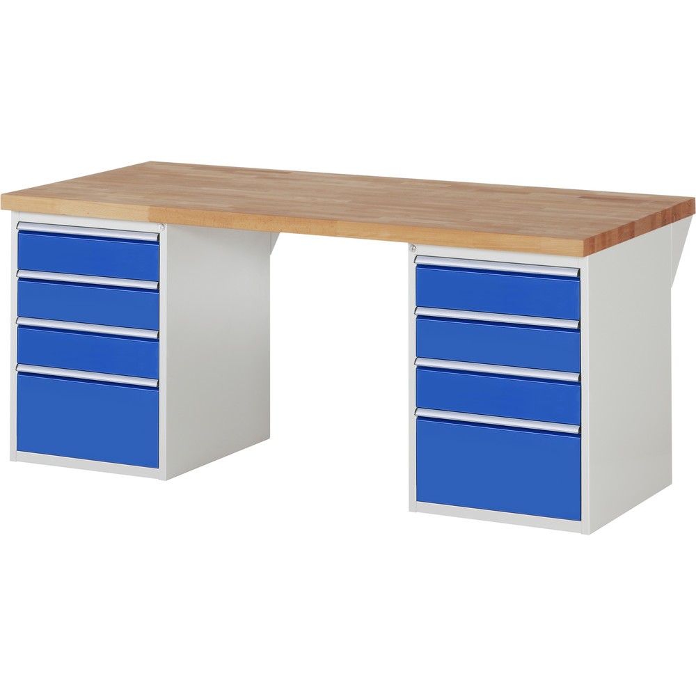 Product afbeelding: RAU werkbank serie 7000, h x b x d 890 x 2.000 x 900 mm, 2 onderbouwkasten, met telkens 4 lades