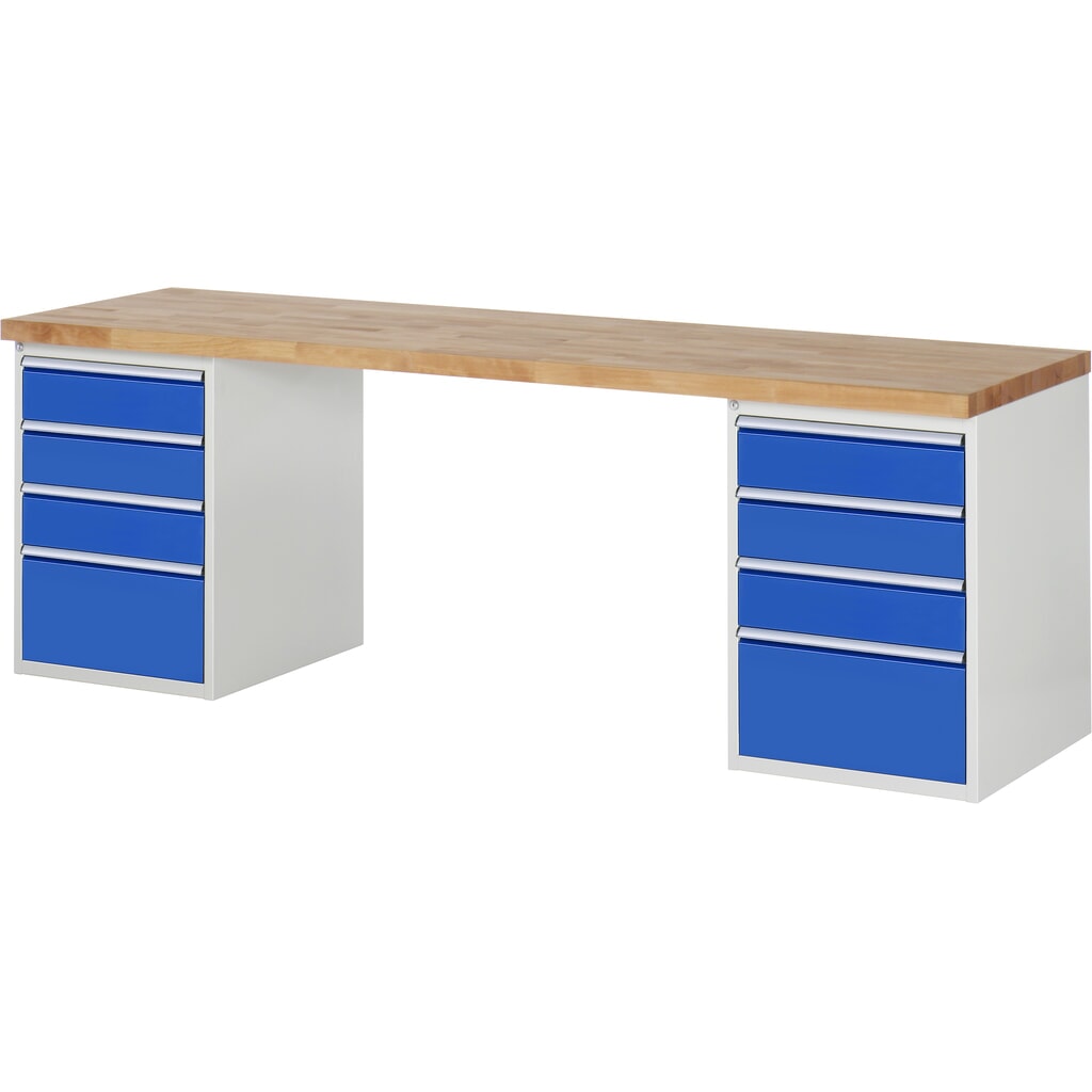Product afbeelding: RAU werkbank serie 7000, h x b x d 890 x 2.500 x 700 mm, 2 onderbouwkasten, met telkens 4 lades