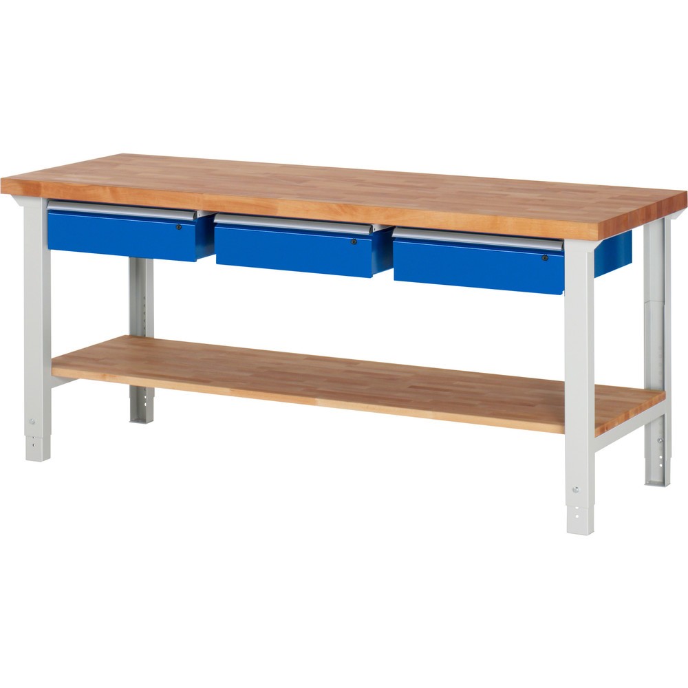 Productafbeelding nr. 1: Werkbank RAU serie 7000, 1 massief beuken legbord, hxbxd 790-1.140 x 2.000 x 700 mm, 3 lades 3 x 150 mm