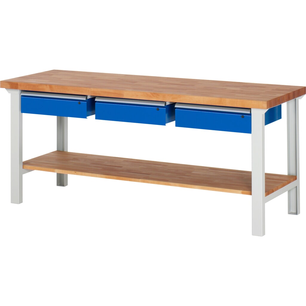 Werkbank RAU serie 7000, 1 massief beuken legbord, hxbxd 840 x 2.000 x 700 mm, 3 lades 3 x 150 mm Product afbeelding: Werkbank RAU serie 7000, 1 massief beuken legbord, hxbxd 840 x 2.000 x 700 mm, 3 lades 3 x 150 mm
