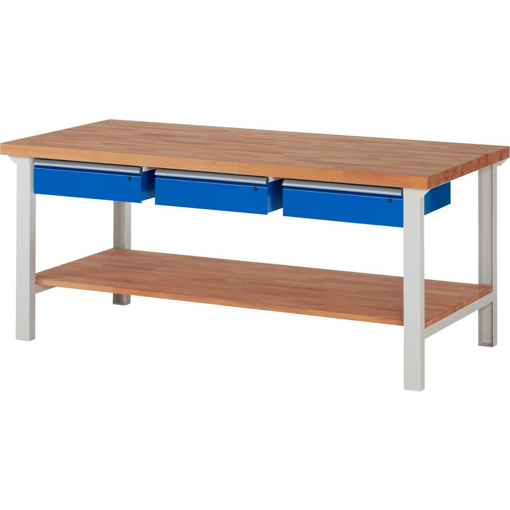 Product afbeelding: Werkbank RAU serie 7000, 1 massief beuken legbord, hxbxd 840 x 2.000 x 900 mm, 3 lades 3 x 150 mm
