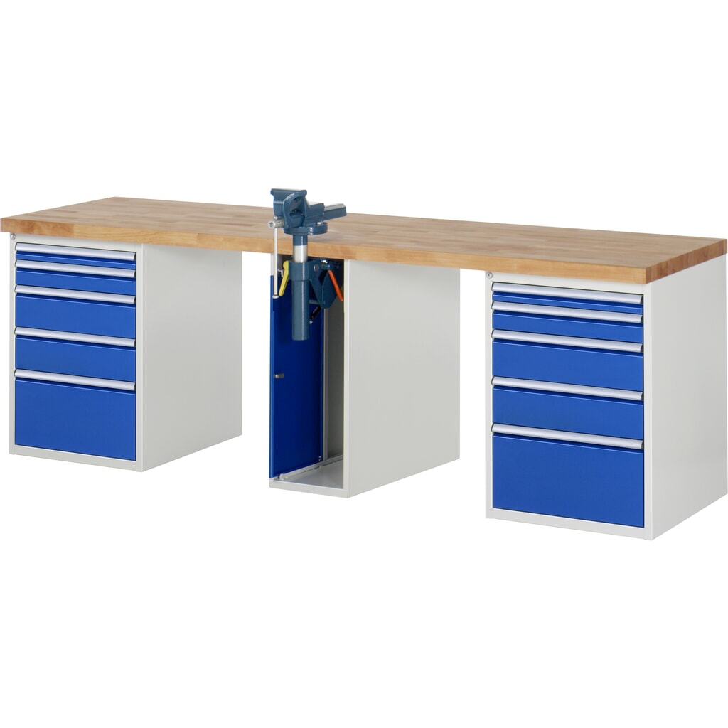 RAU werkbank serie 7000, h x b x d 890 x 2.500 x 700 mm, 2 onderbouwkasten, met telkens 5 lades en inklapbare bankschroef in het midden Product afbeelding: RAU werkbank serie 7000, h x b x d 890 x 2.500 x 700 mm, 2 onderbouwkasten, met telkens 5 lades en inklapbare bankschroef in het midden