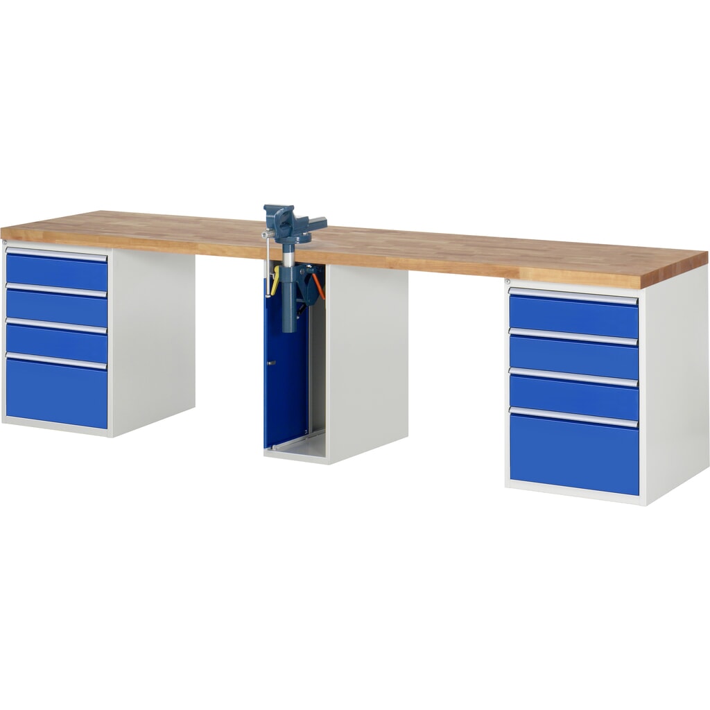 Product afbeelding: RAU werkbank serie 7000, h x b x d 890 x 3.000 x 700 mm, 2 onderbouwkasten, met telkens 5 lades en inklapbare bankschroef in het midden