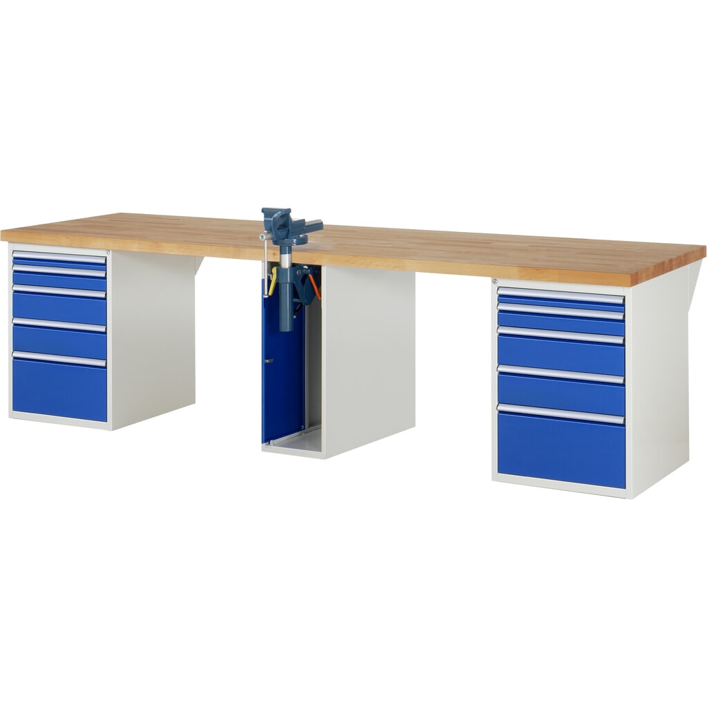 Productafbeelding nr. 1: RAU werkbank serie 7000, h x b x d 890 x 3.000 x 900 mm, 2 onderbouwkasten, met telkens 5 lades en inklapbare bankschroef in het midden