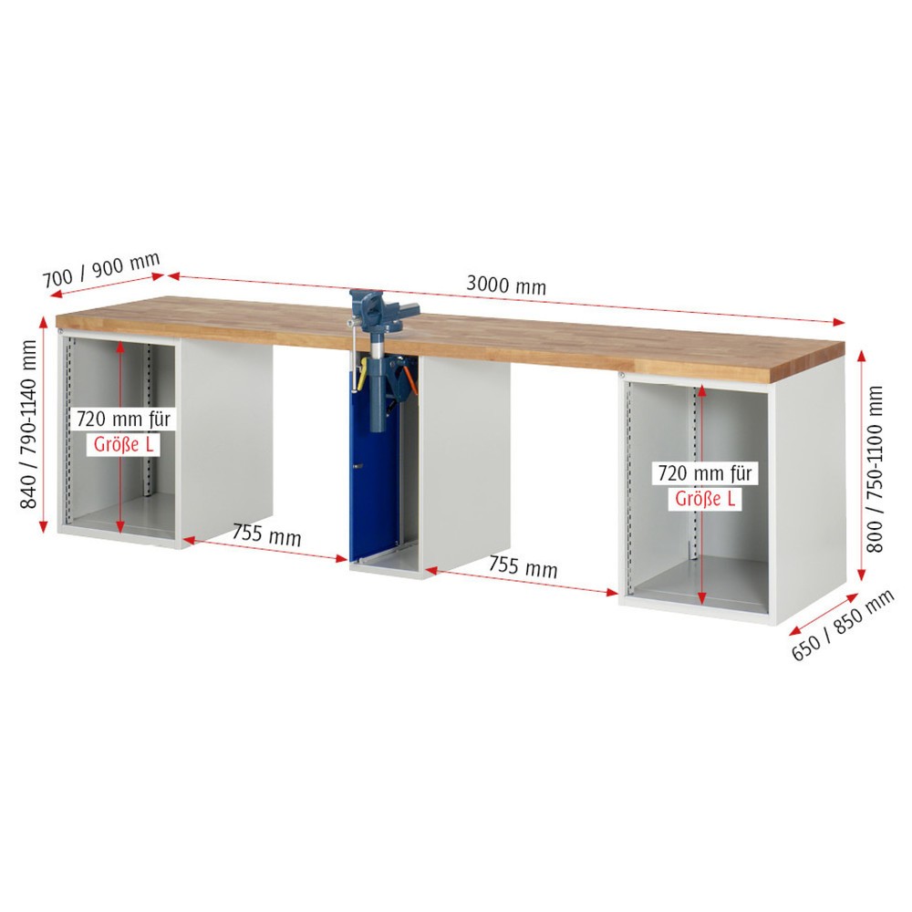 Productafbeelding nr. 4: Werkbank RAU serie 7000, 3 kasten, hxbxd 840 x 3.000 x 700 mm, 8 x voor 90% uittrekbare lades 6 x 150 mm, 2 x 270 mm