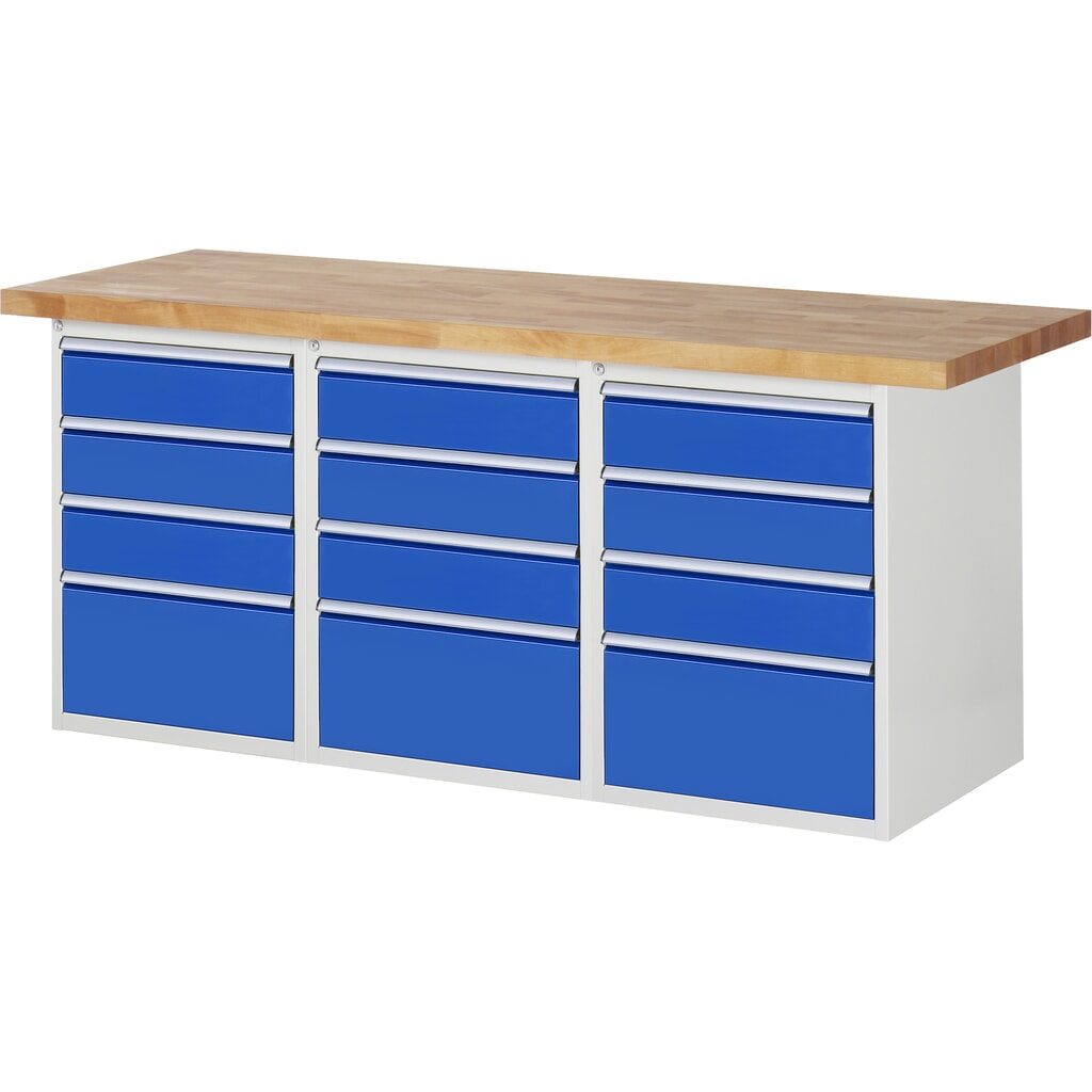 Product afbeelding: RAU werkbank serie 7000, h x b x d 890 x 2.000 x 700 mm, 3 onderbouwkasten, met telkens 4 lades