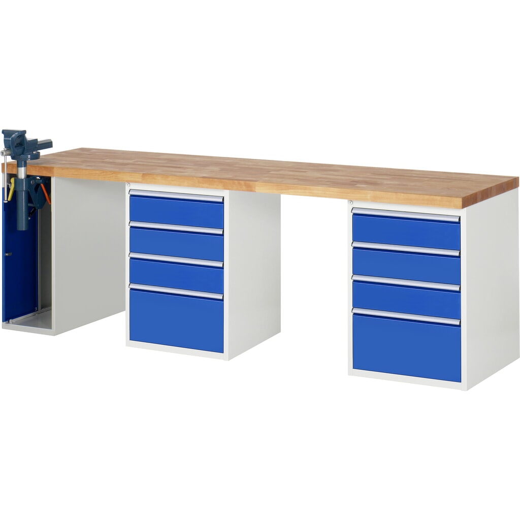 Productafbeelding nr. 1: RAU werkbank serie 7000, h x b x d 890 x 2.500 x 700 mm, 2 onderbouwkasten, met telkens 4 lades en inklapbare bankschroef links