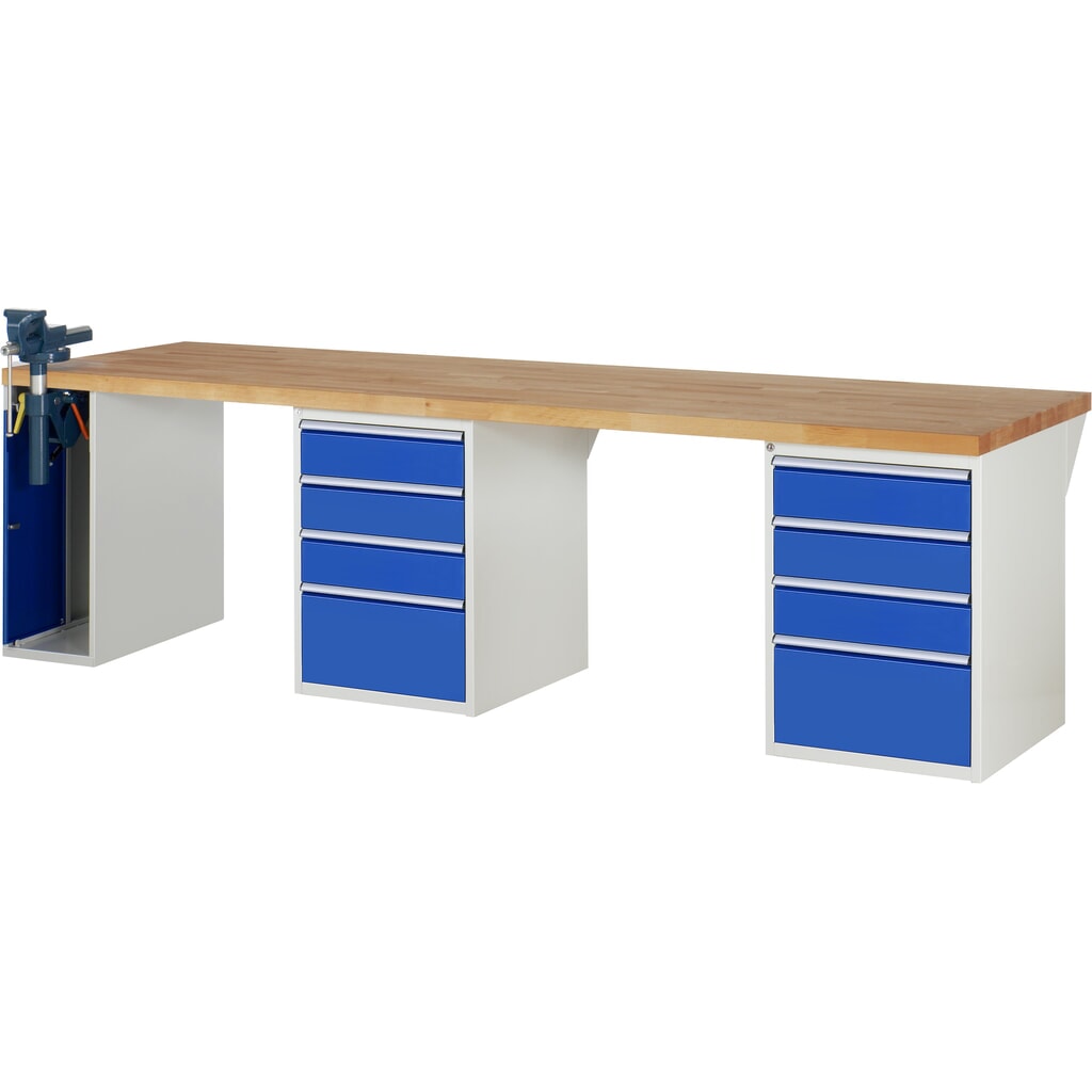 RAU werkbank serie 7000, h x b x d 890 x 3.000 x 900 mm, 2 onderbouwkasten, met telkens 4 lades en inklapbare bankschroef links Productafbeelding nr. 1: RAU werkbank serie 7000, h x b x d 890 x 3.000 x 900 mm, 2 onderbouwkasten, met telkens 4 lades en inklapbare bankschroef links