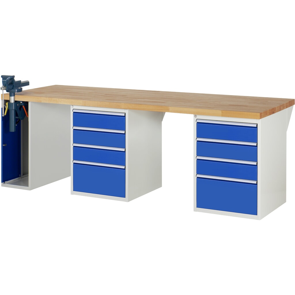 RAU werkbank serie 7000, h x b x d 890 x 2.500 x 900 mm, 2 onderbouwkasten, met telkens 4 lades en inklapbare bankschroef links Product afbeelding: RAU werkbank serie 7000, h x b x d 890 x 2.500 x 900 mm, 2 onderbouwkasten, met telkens 4 lades en inklapbare bankschroef links