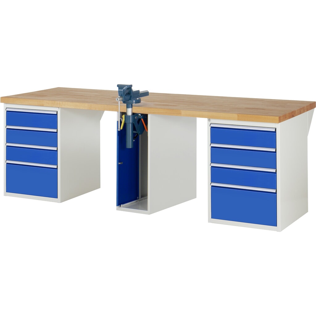 Product afbeelding: RAU werkbank serie 7000, h x b x d 890 x 2.500 x 900 mm, 2 onderbouwkasten, met telkens 4 lades en inklapbare bankschroef in het midden