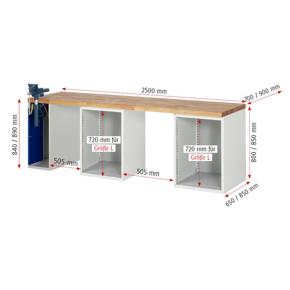 Productafbeelding nr. 4: Werkbank RAU serie 7000, 3 kasten, hxbxd 840 x 2.500 x 700 mm, 8 x voor 90% uittrekbare lades 6 x 150 mm, 2 x 270 mm
