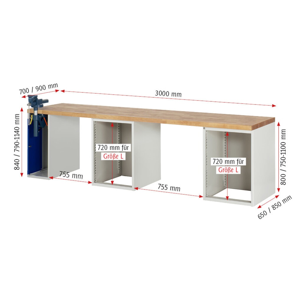 Productafbeelding nr. 6: Werkbank RAU serie 7000, 3 kasten, hxbxd 840 x 3.000 x 700 mm, 8 x voor 90% uittrekbare lades 6 x 150 mm, 2 x 270 mm