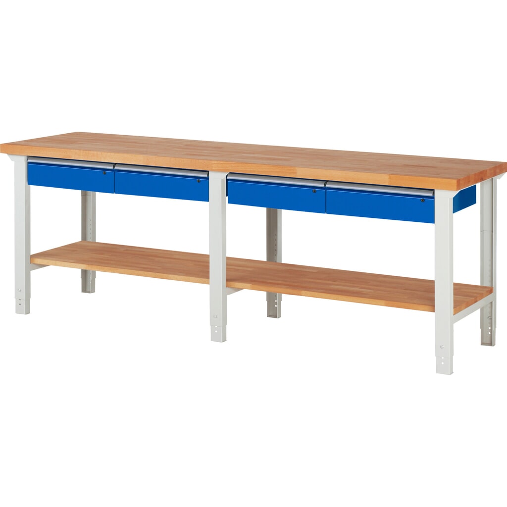Product afbeelding: Werkbank RAU serie 7000, 1 massief beuken legbord, hxbxd 790-1.140 x 2.500 x 700 mm, 4 lades 4 x 150 mm