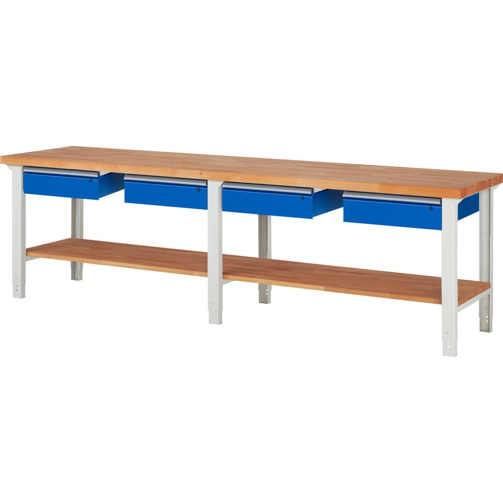 Product afbeelding: Werkbank RAU serie 7000, 1 massief beuken legbord, hxbxd 790-1.140 x 3.000 x 700 mm, 4 lades 4 x 150 mm