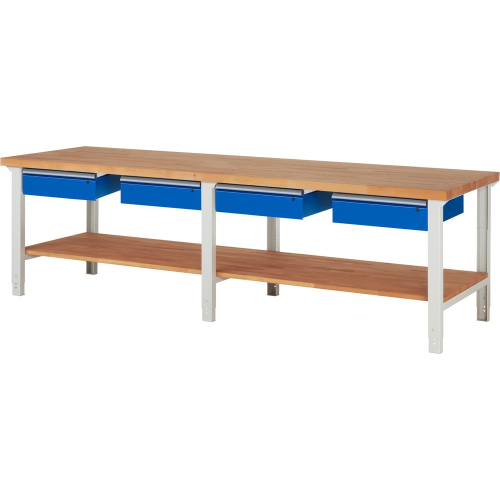 Product afbeelding: Werkbank RAU serie 7000, 1 massief beuken legbord, hxbxd 790-1.140 x 3.000 x 900 mm, 4 lades 4 x 150 mm