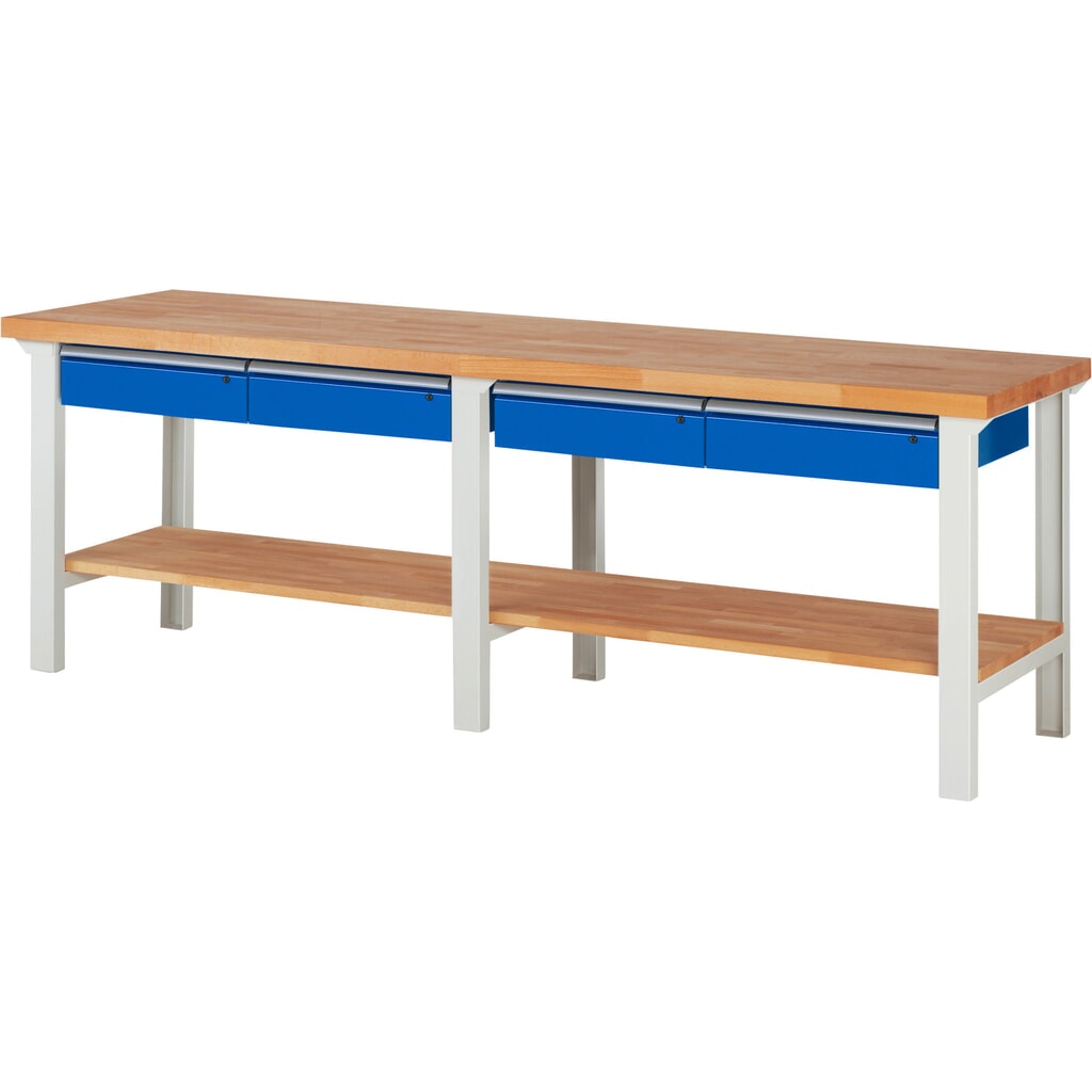 Product afbeelding: Werkbank RAU serie 7000, 1 massief beuken legbord, hxbxd 840 x 2.500 x 700 mm, 4 lades 4 x 150 mm