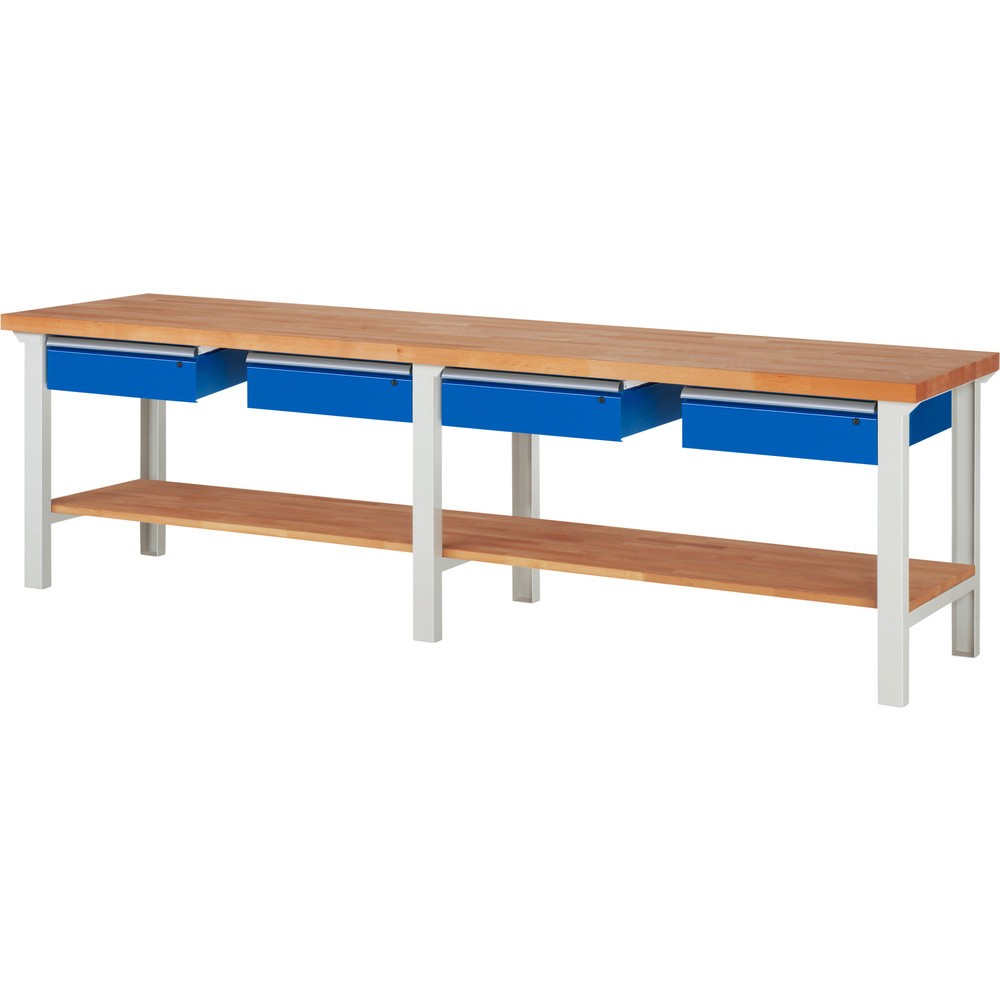 Product afbeelding: Werkbank RAU serie 7000, 1 massief beuken legbord, hxbxd 840 x 3.000 x 700 mm, 4 lades 4 x 150 mm