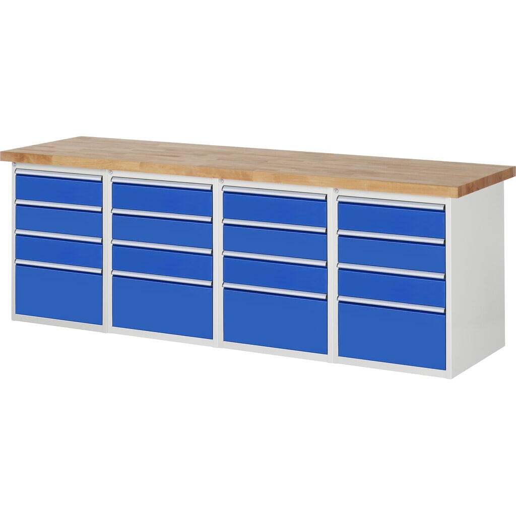 RAU werkbank serie 7000, h x b x d 890 x 2.500 x 700 mm, 4 onderbouwkasten, met telkens 4 lades Product afbeelding: RAU werkbank serie 7000, h x b x d 890 x 2.500 x 700 mm, 4 onderbouwkasten, met telkens 4 lades