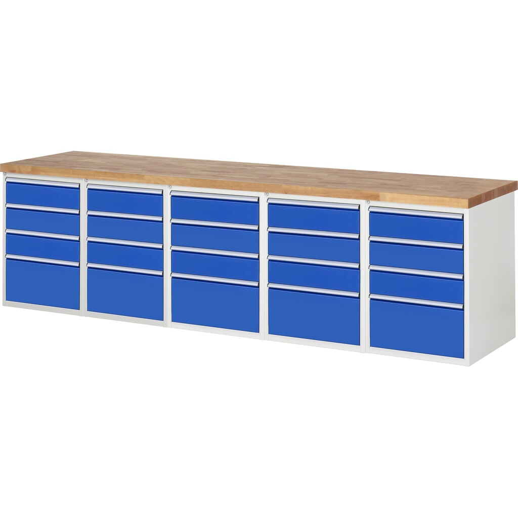 Product afbeelding: RAU werkbank serie 7000, h x b x d 890 x 3.000 x 700 mm, 5 onderbouwkasten, met telkens 5 lades