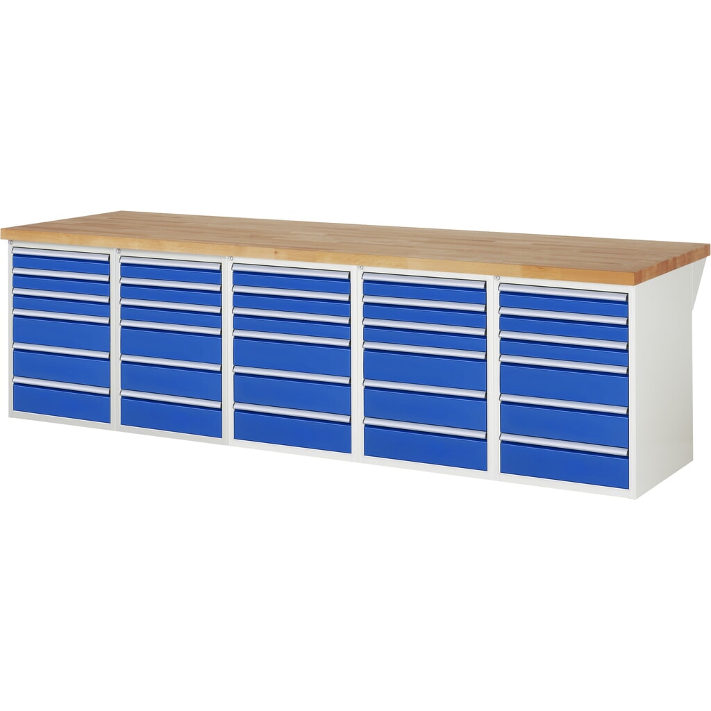 Product afbeelding: RAU werkbank serie 7000, h x b x d 890 x 3.000 x 900 mm, 5 onderbouwkasten, met telkens 6 lades