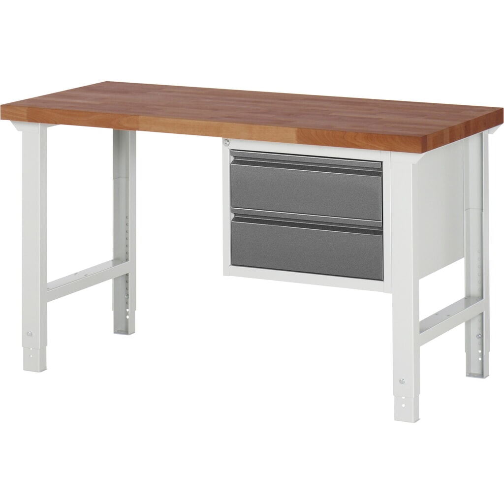 Werkbank RAU serie 7000, massief beuken werkblad, 1 kast, hxbxd 790-1.140 x 1.500 x 700 mm, 2 lades 2 x 180 mm Product afbeelding: Werkbank RAU serie 7000, massief beuken werkblad, 1 kast, hxbxd 790-1.140 x 1.500 x 700 mm, 2 lades 2 x 180 mm