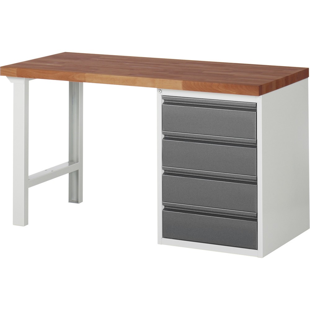 Product afbeelding: Werkbank RAU serie 7000, massief beuken werkblad, 1 kast, hxbxd 890 x 1.500 x 700 mm, 4 lades 4 x 180 mm