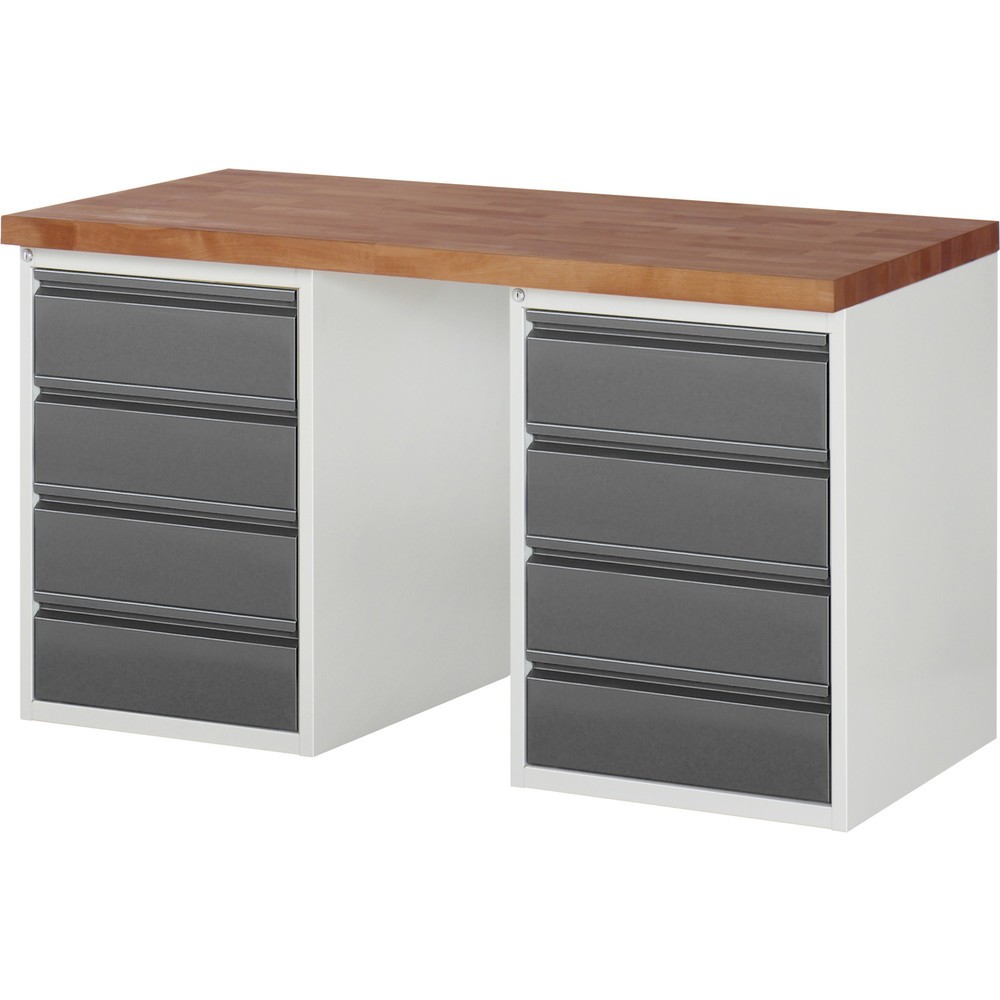 Product afbeelding: Werkbank RAU serie 7000, massief beuken werkblad, 2 kasten, hxbxd 890 x 1.500 x 700 mm, 8 lades 8 x 180 mm