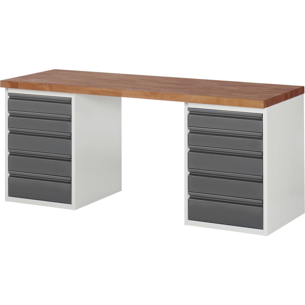 Productafbeelding nr. 1: Werkbank RAU serie 7000, massief beuken werkblad, 2 kasten, hxbxd 890 x 2.000 x 700 mm, 10 lades 4 x 120 mm, 4 x 150 mm, 2 x 180 mm