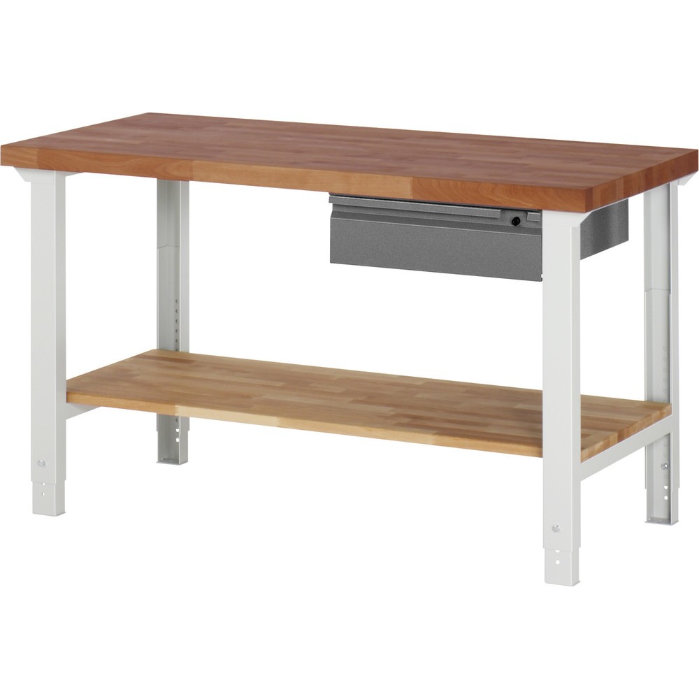 Product afbeelding: Werkbank RAU serie 7000, massief beuken werkblad, 1 lade, 1 massief beuken legbord, hxbxd 790-1.140 x 1.500 x 700 mm, 1 lade
