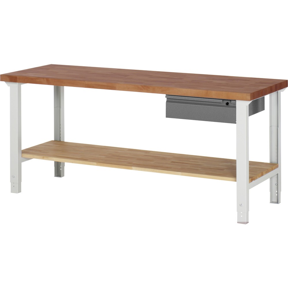 Productafbeelding nr. 1: Werkbank RAU serie 7000, massief beuken werkblad, 1 lade, 1 massief beuken legbord, hxbxd 790-1.140 x 2.000 x 700 mm, 1 lade