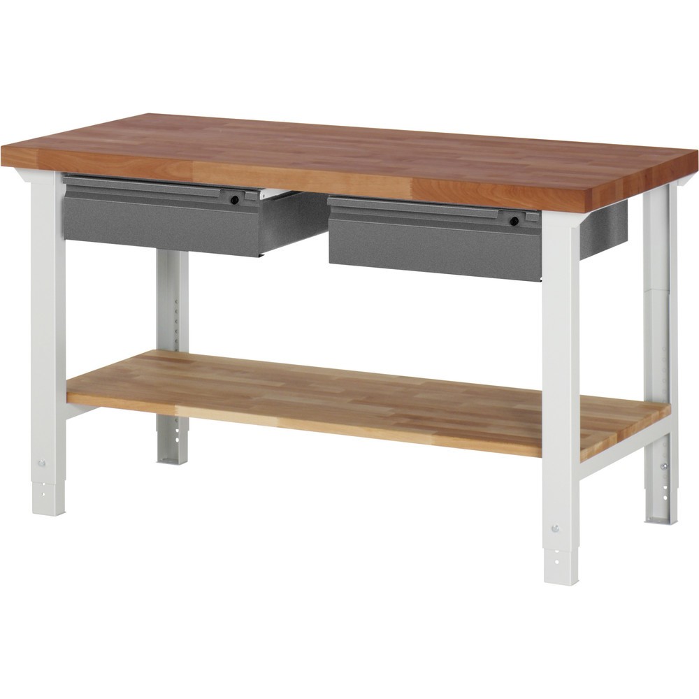 Productafbeelding nr. 1: Werkbank RAU serie 7000, massief beuken werkblad, 2 lades, 1 massief beuken legbord, hxbxd 790-1.140 x 1.500 x 700 mm, 2 lades
