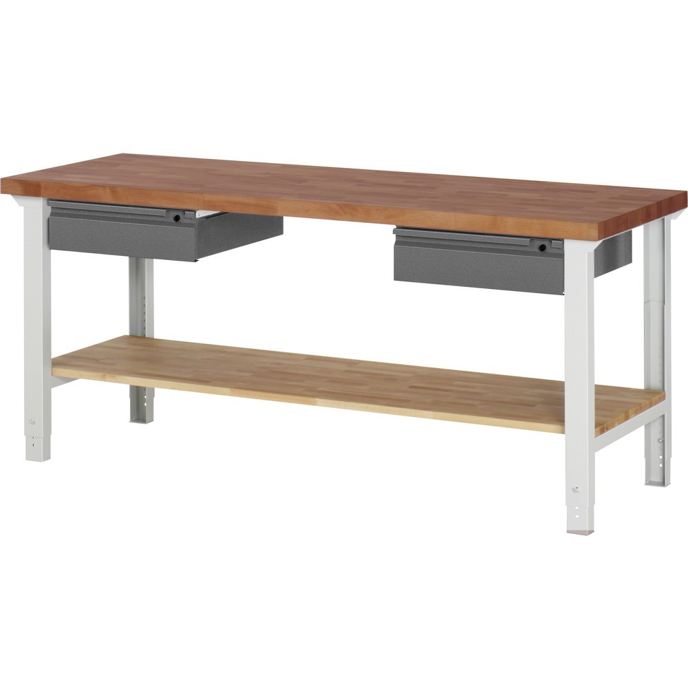 Productafbeelding nr. 1: Werkbank RAU serie 7000, massief beuken werkblad, 2 lades, 1 massief beuken legbord, hxbxd 790-1.140 x 2.000 x 700 mm, 2 lades
