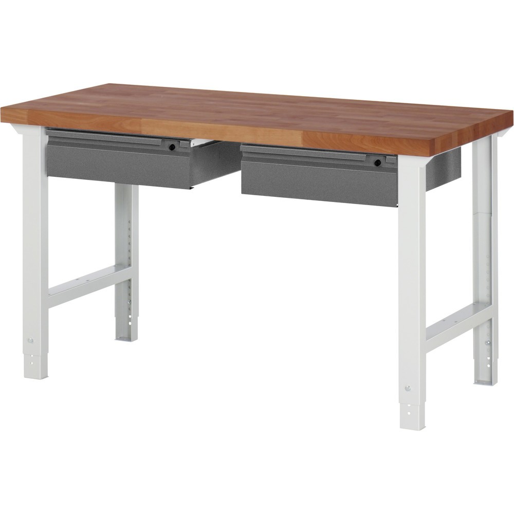 Productafbeelding nr. 1: Werkbank RAU serie 7000, massief beuken werkblad, 2 lades, hxbxd 790-1.140 x 1.500 x 700 mm, 2 lades
