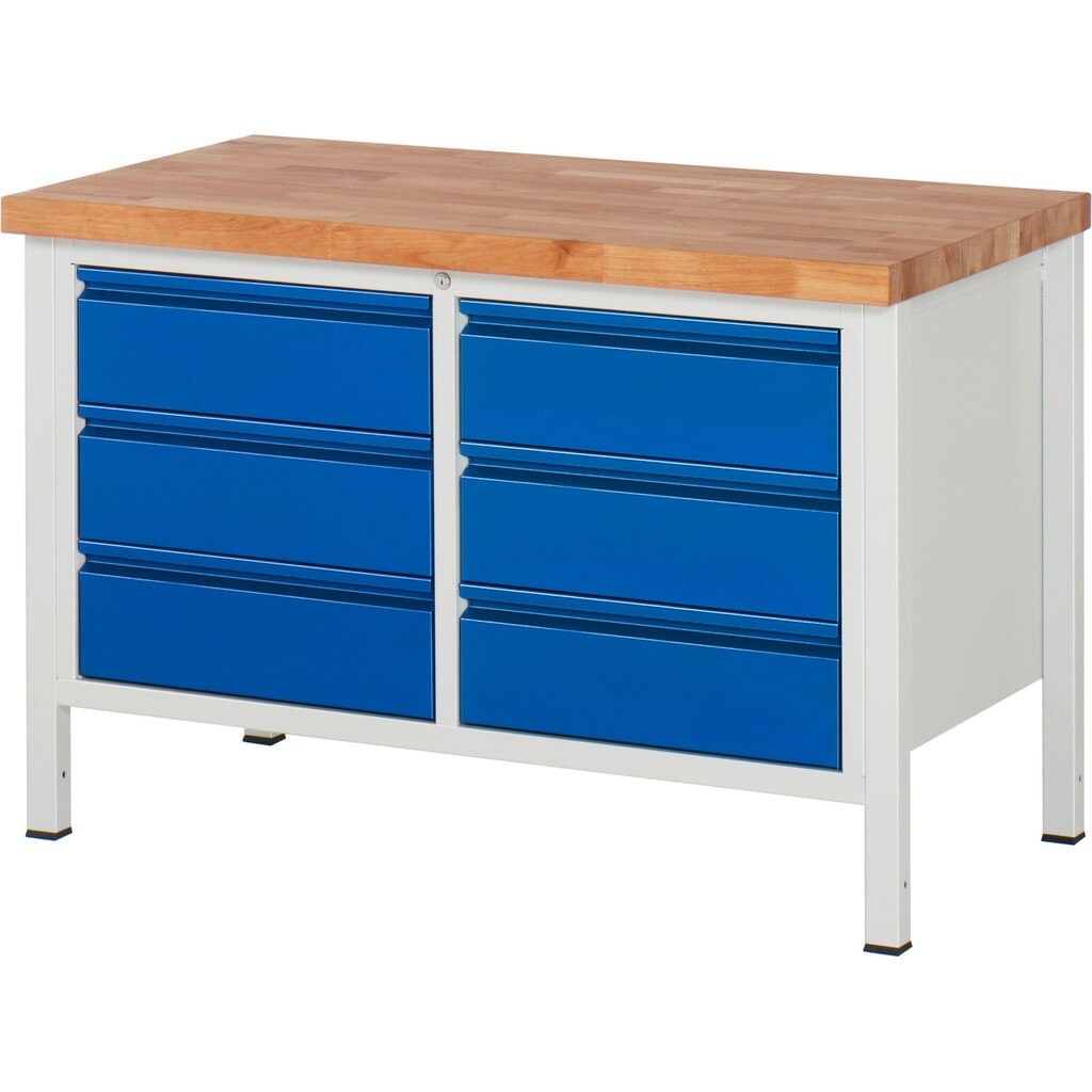 Werkbank RAU serie 8000, 1 dubbele kast, hxbxd 840-1.040 x 1.250 x 700 mm, 6 x voor 90% uittrekbare lades 6 x 180 mm Product afbeelding: Werkbank RAU serie 8000, 1 dubbele kast, hxbxd 840-1.040 x 1.250 x 700 mm, 6 x voor 90% uittrekbare lades 6 x 180 mm