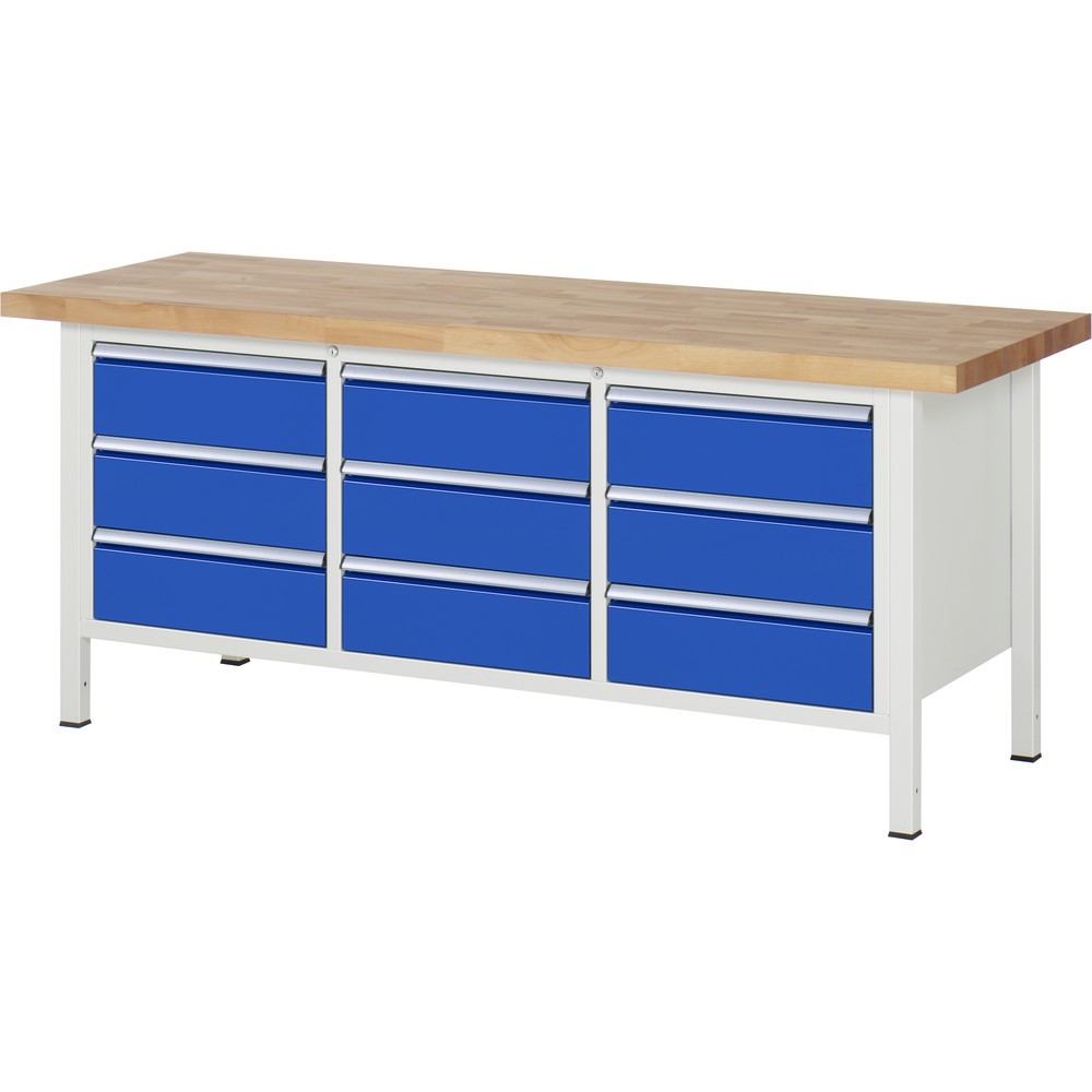 Product afbeelding: RAU werkbank serie 8000, h x b x d 840-1.040 x 2.000 x 700 mm, 1 driedubbele onderbouwkast, met 9 lades