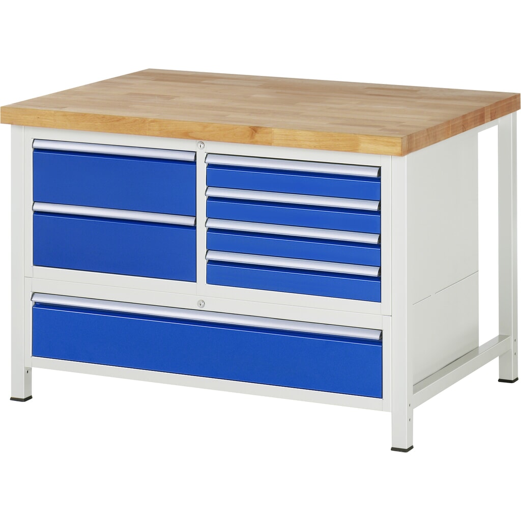 RAU werkbank serie 8000, h x b x d 840-1.040 x 1.250 x 900 mm, 1 driedubbele onderbouwkast, met 7 lades Product afbeelding: RAU werkbank serie 8000, h x b x d 840-1.040 x 1.250 x 900 mm, 1 driedubbele onderbouwkast, met 7 lades