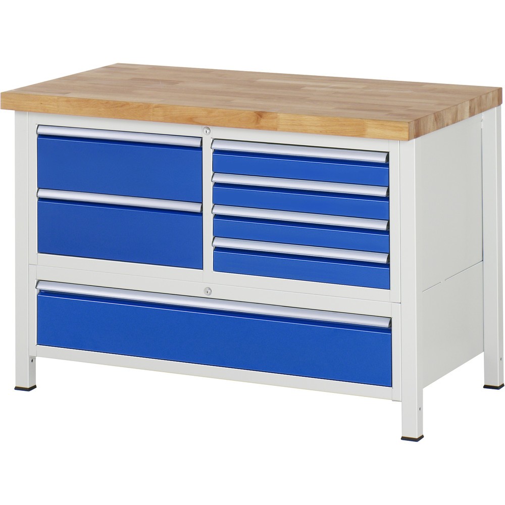 Product afbeelding: RAU werkbank serie 8000, h x b x d 840-1.040 x 1.250 x 700 mm, 1 driedubbele onderbouwkast, met 7 lades